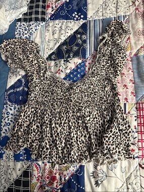 Urban Outfitters Leopard Print Smocked Crop Top - Beige, Black, Brown